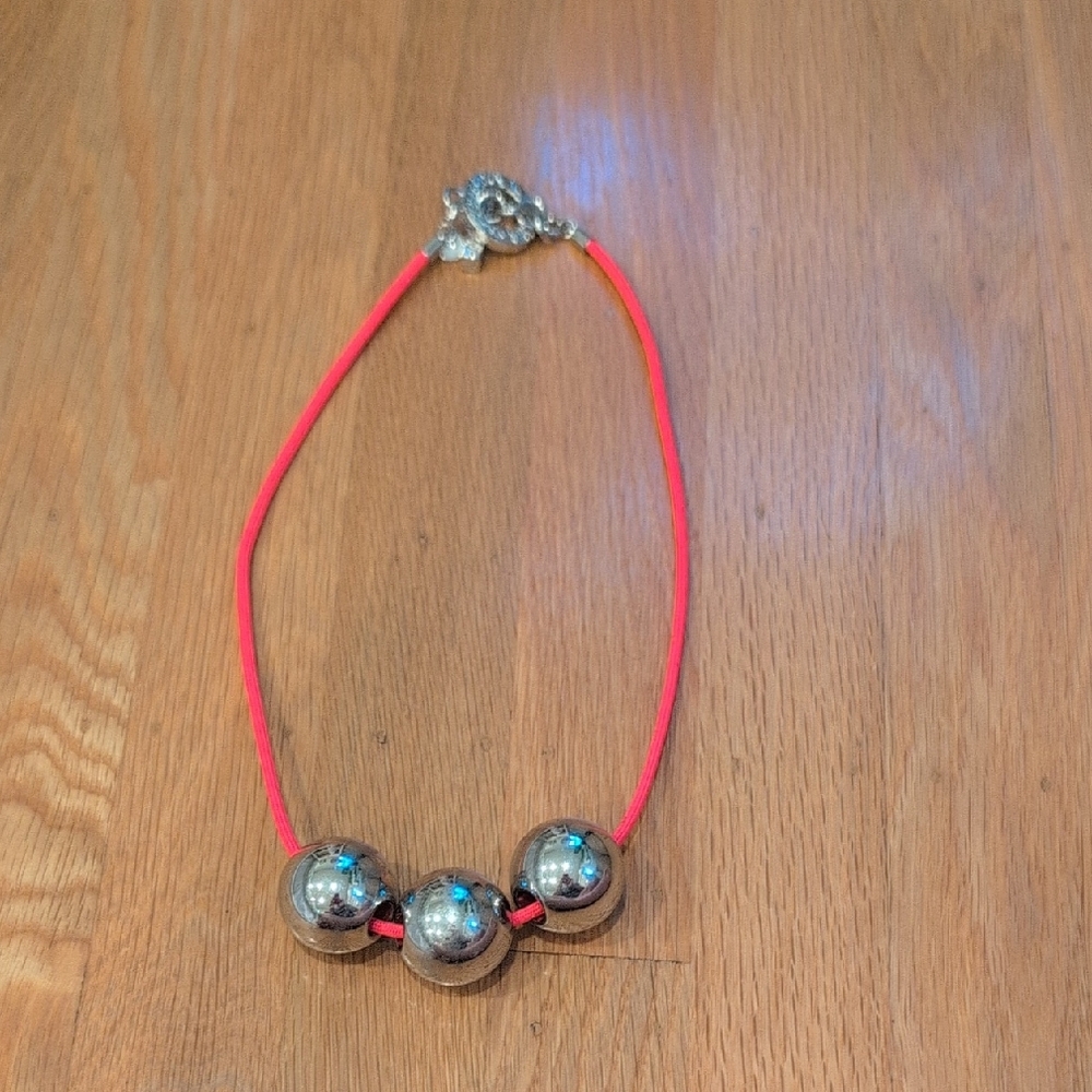 Marc by Marc Jacobs Silver Bead Necklace with Coral Pink Cord